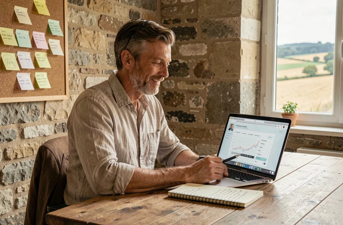 Rémi Fonvieille, consultant web indépendant dans l'Aube, travaillant sur un audit de site client en espace de coworking