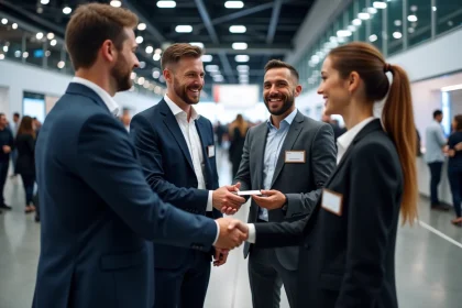 Groupe de professionnels &eacute;changeant des cartes de visite lors d'un salon