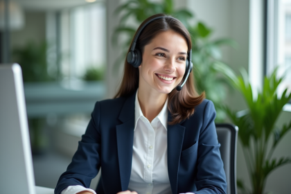 Jeune femme en service client souriante avec casque