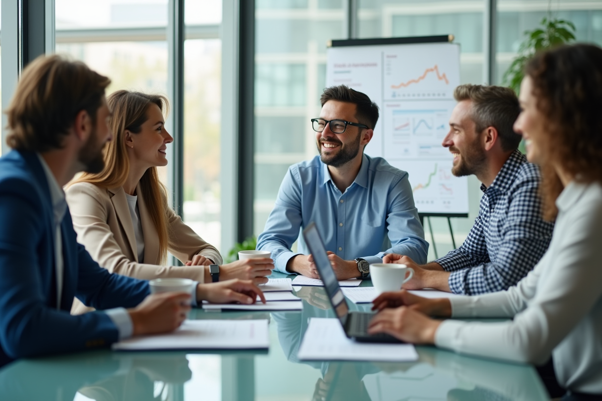 Réunion d'affaires en bureau moderne avec équipe diverse