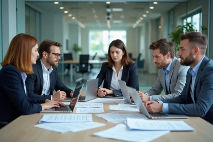 Réunion du comité d'entreprise CSE avec des salariés discutant des nouvelles règles autour d'une table de conférence moderne