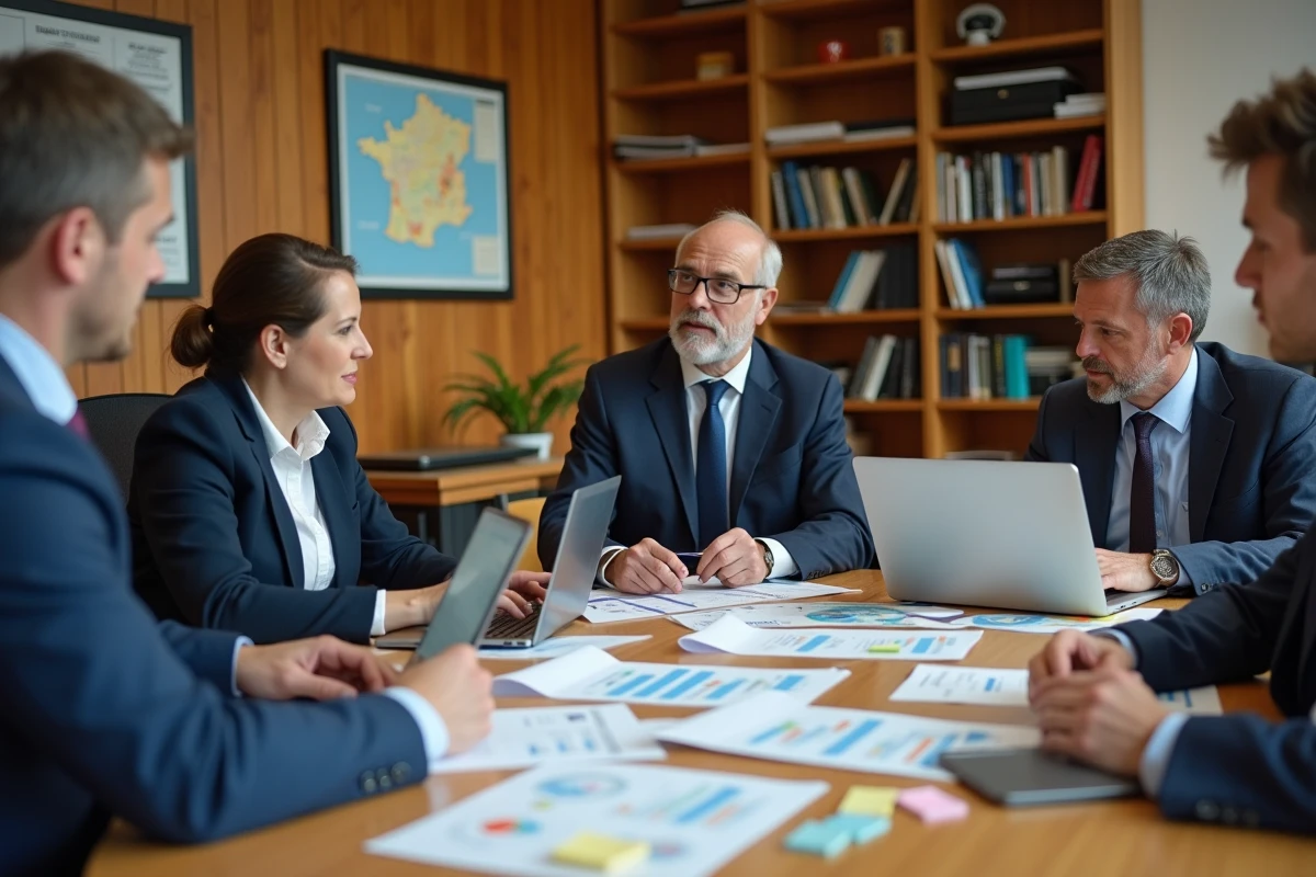 Réunion de travail entre élus locaux autour de rapports d'indicateurs économiques territoriaux en préfecture