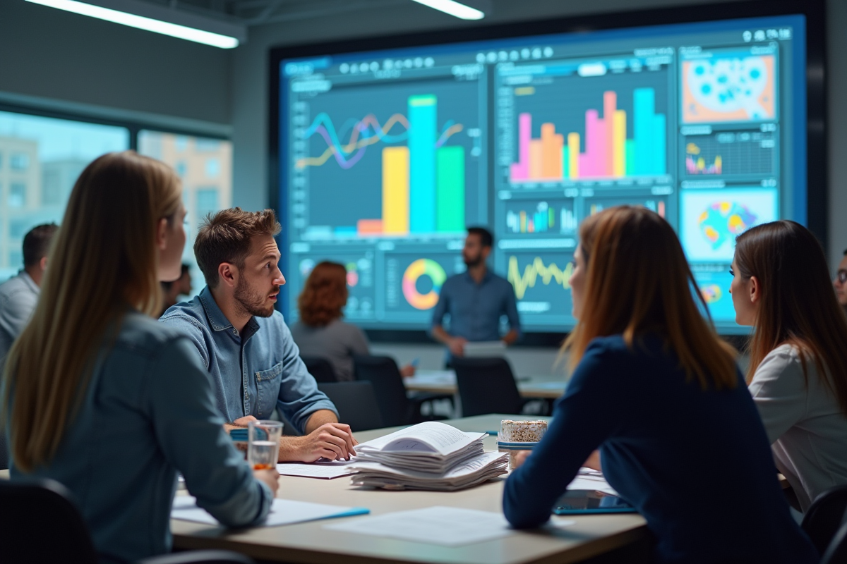 Groupe de personnes discutant autour d un écran dans un espace de travail moderne