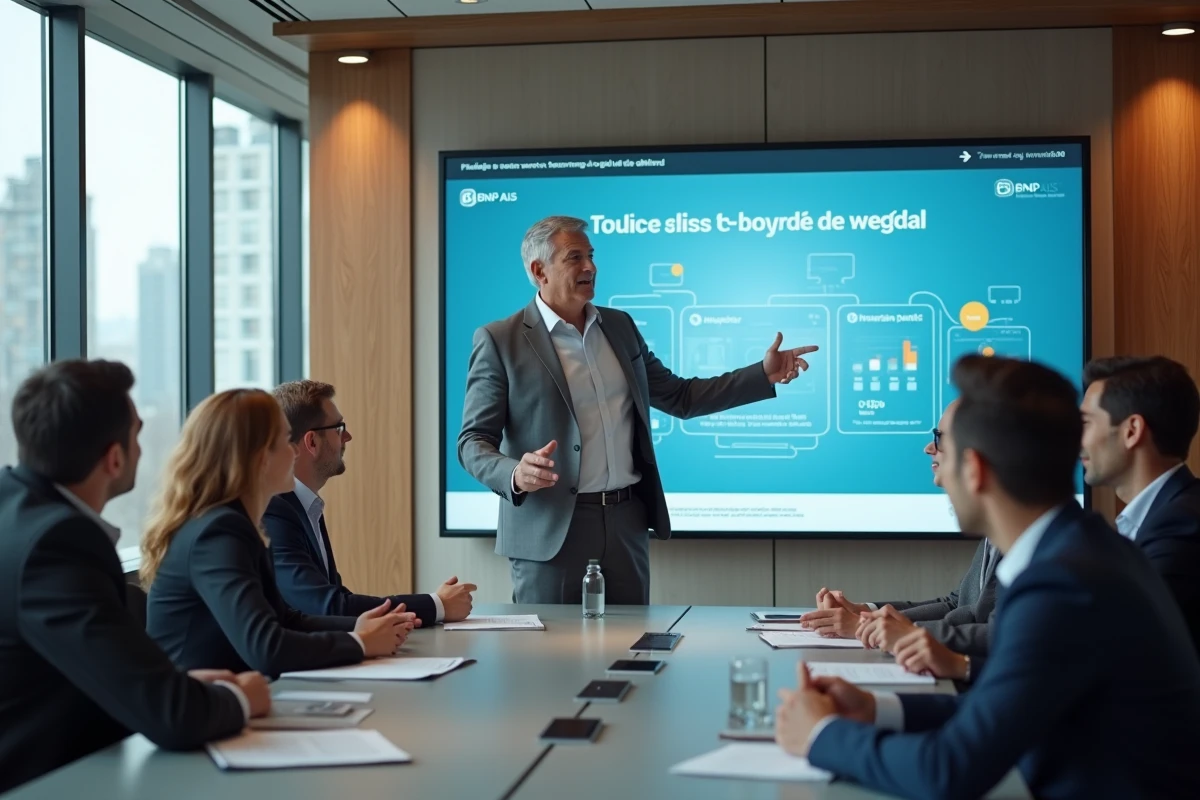 Manager HR guidant equipe autour d un ecran interactif