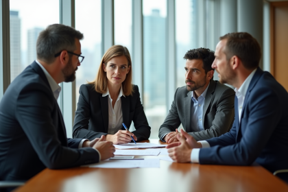Quatre adultes en réunion de travail dans un bureau moderne