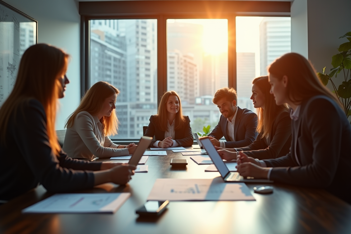 Groupe de professionnels autour d'une table moderne en réunion