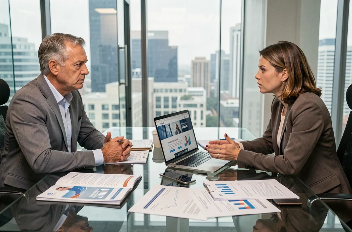 Deux professionnels en réunion discutant prudemment d'une opportunité d'investissement avec des documents sur la table