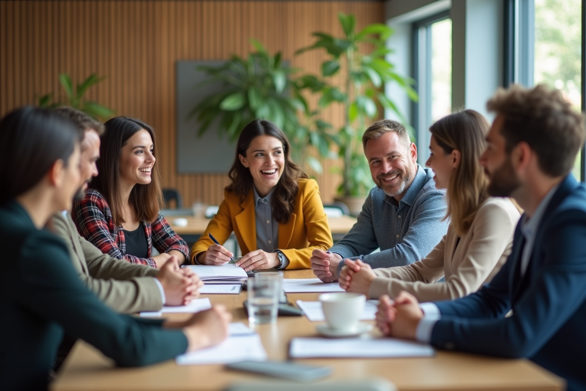 Groupe de professionnels en réunion dans un bureau lumineux