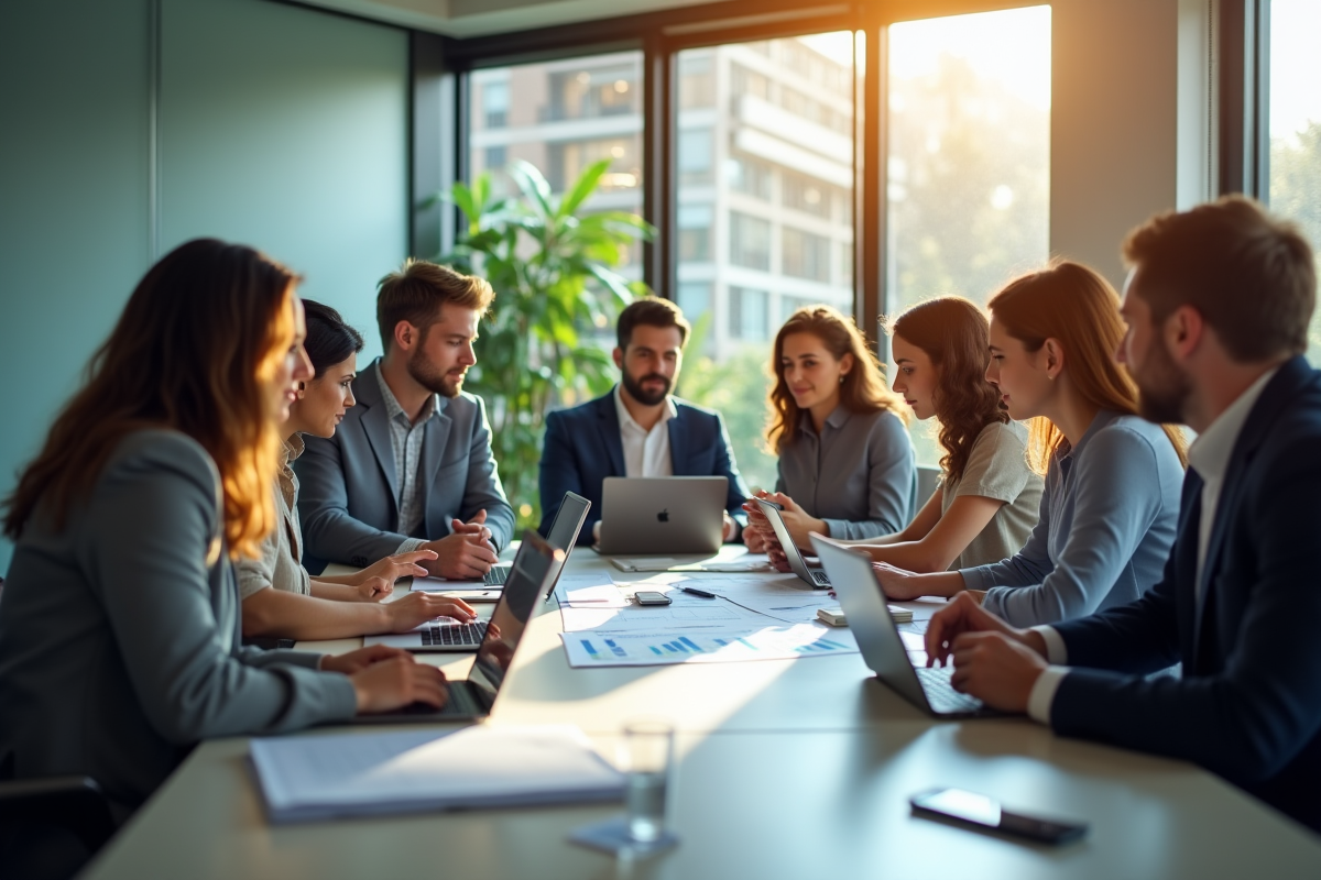 Groupe de professionnels en réunion d affaires dans un bureau lumineux