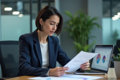 Responsable RH analysant des résultats de tests de personnalité pour le recrutement dans un bureau moderne
