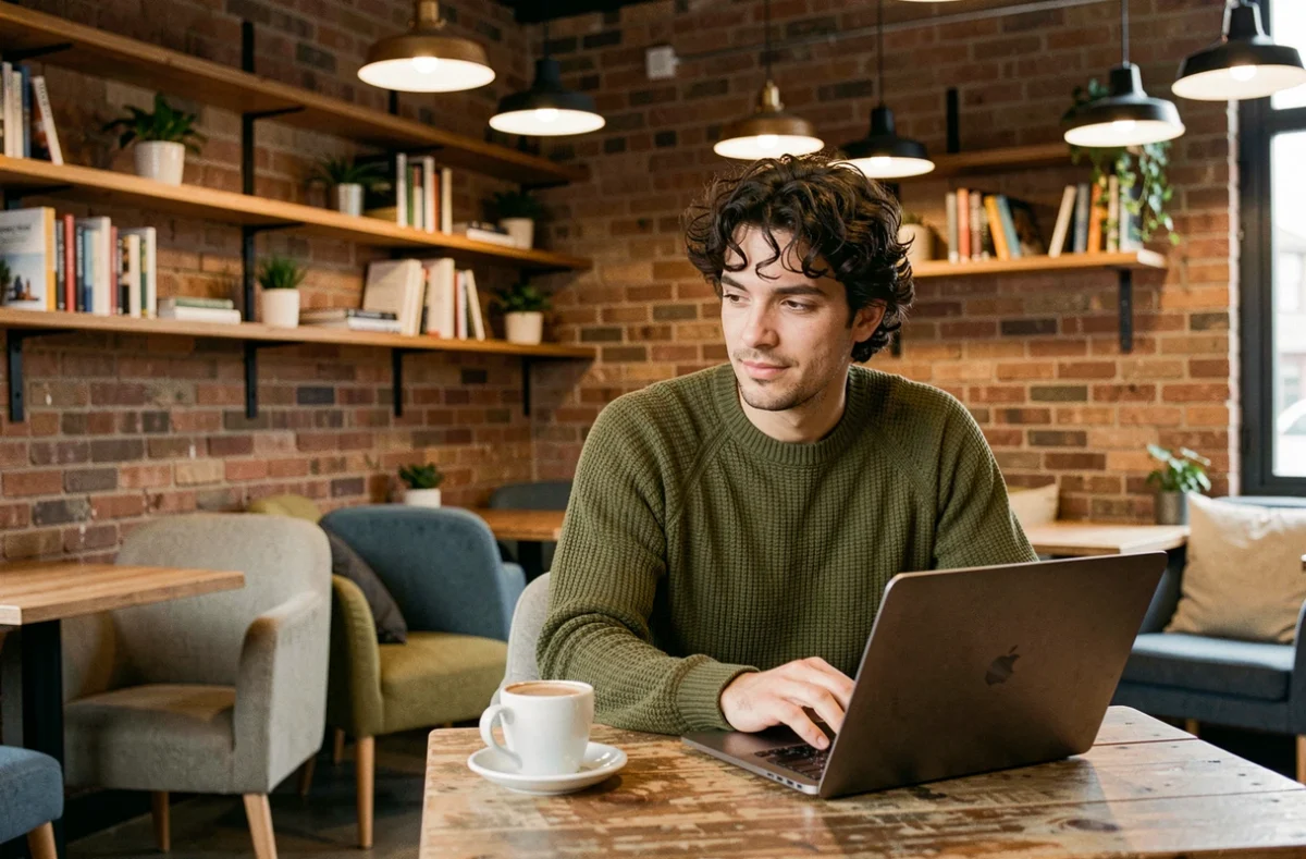 Salarié travaillant sur son ordinateur dans un espace pause moderne, représentant la qualité de vie au travail et les avantages salariés