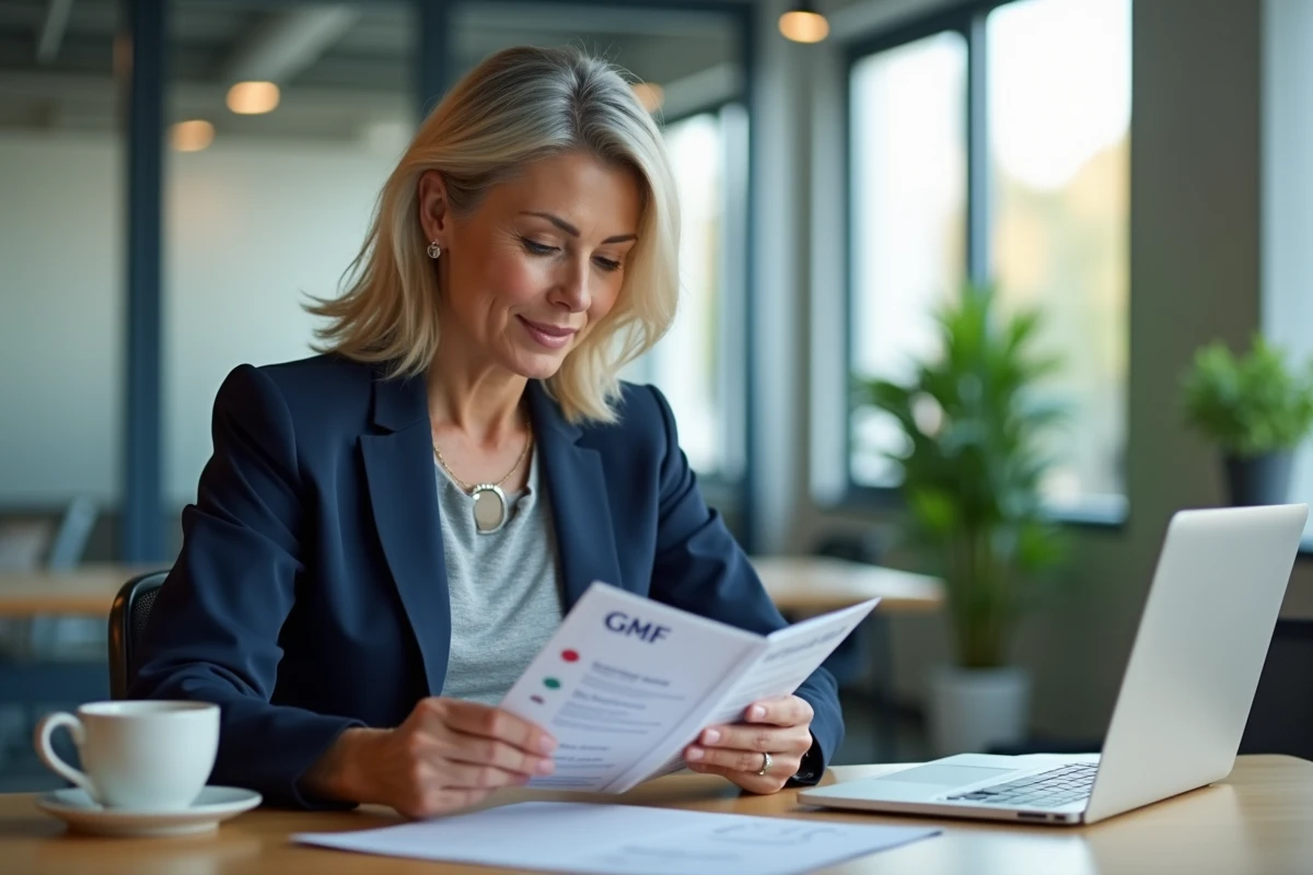 Femme salariée consultant une brochure sur les avantages cachés du comité d'entreprise GMF à son bureau