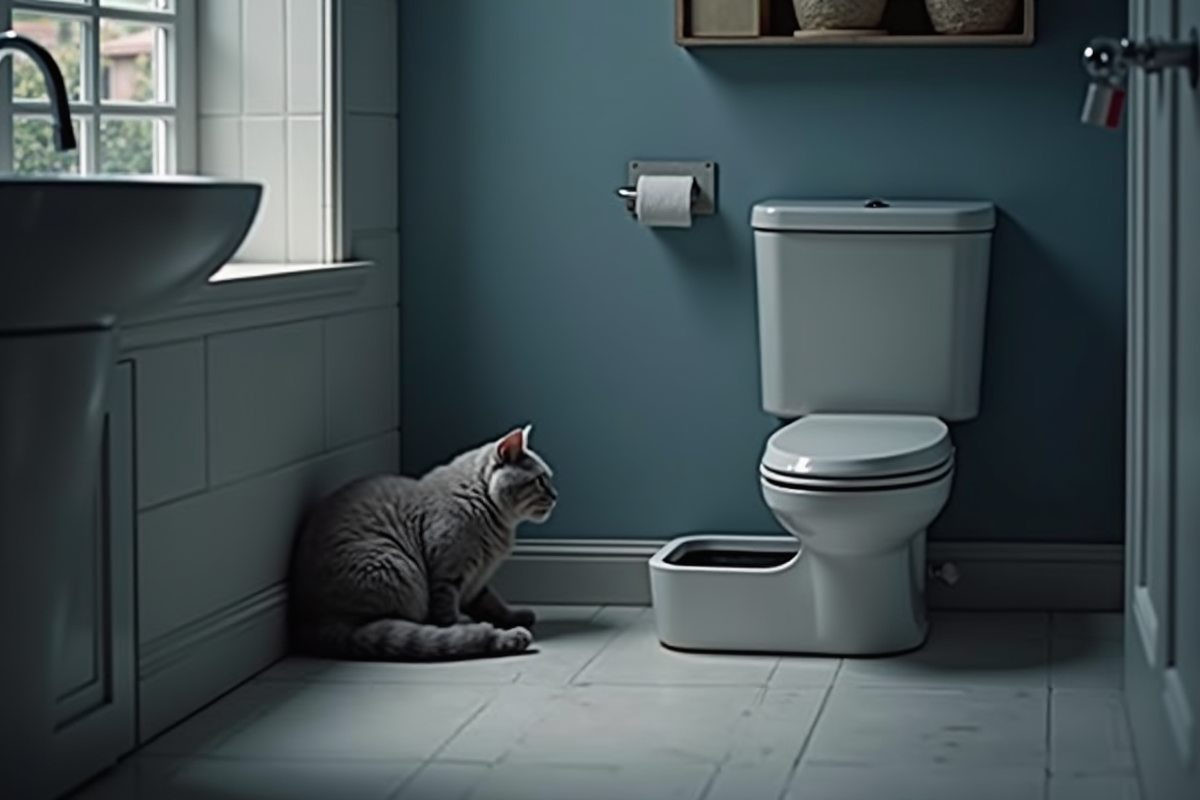 Salle de bain moderne avec litière élégante et chat gris calme