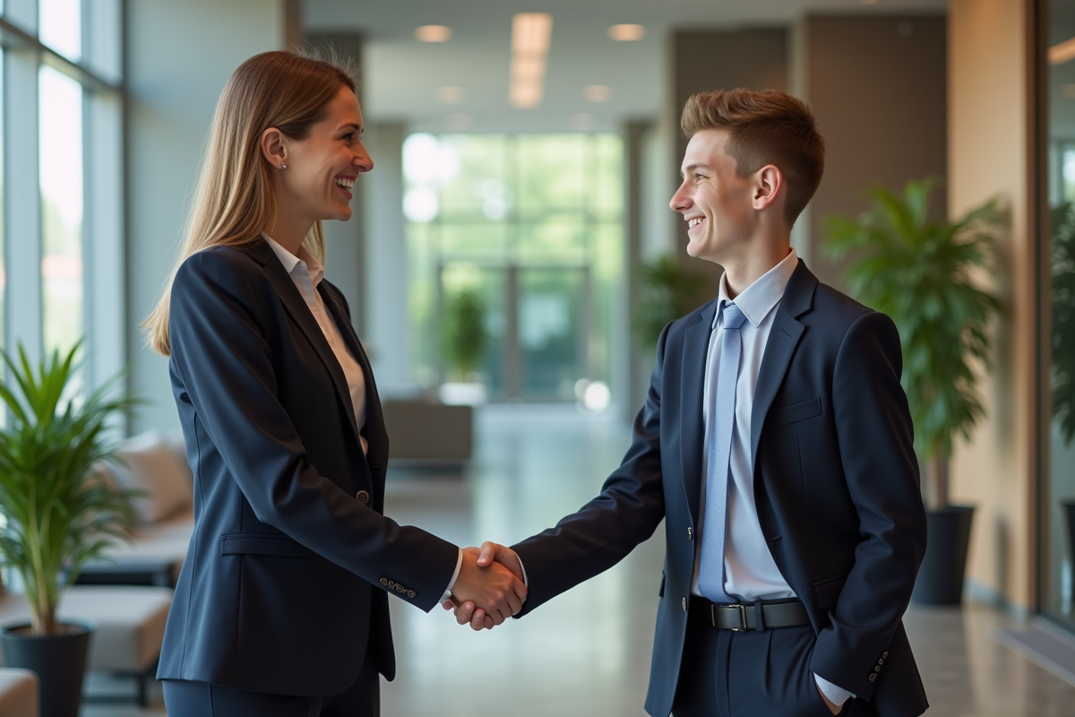 Femme d affaires et adolescent se serrant la main dans un bureau