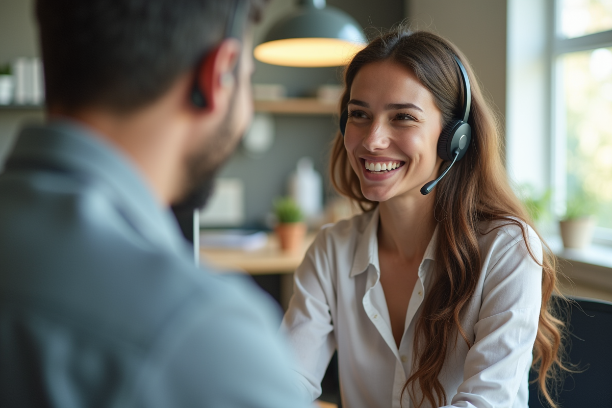 Représentant service client parlant au téléphone dans bureau lumineux
