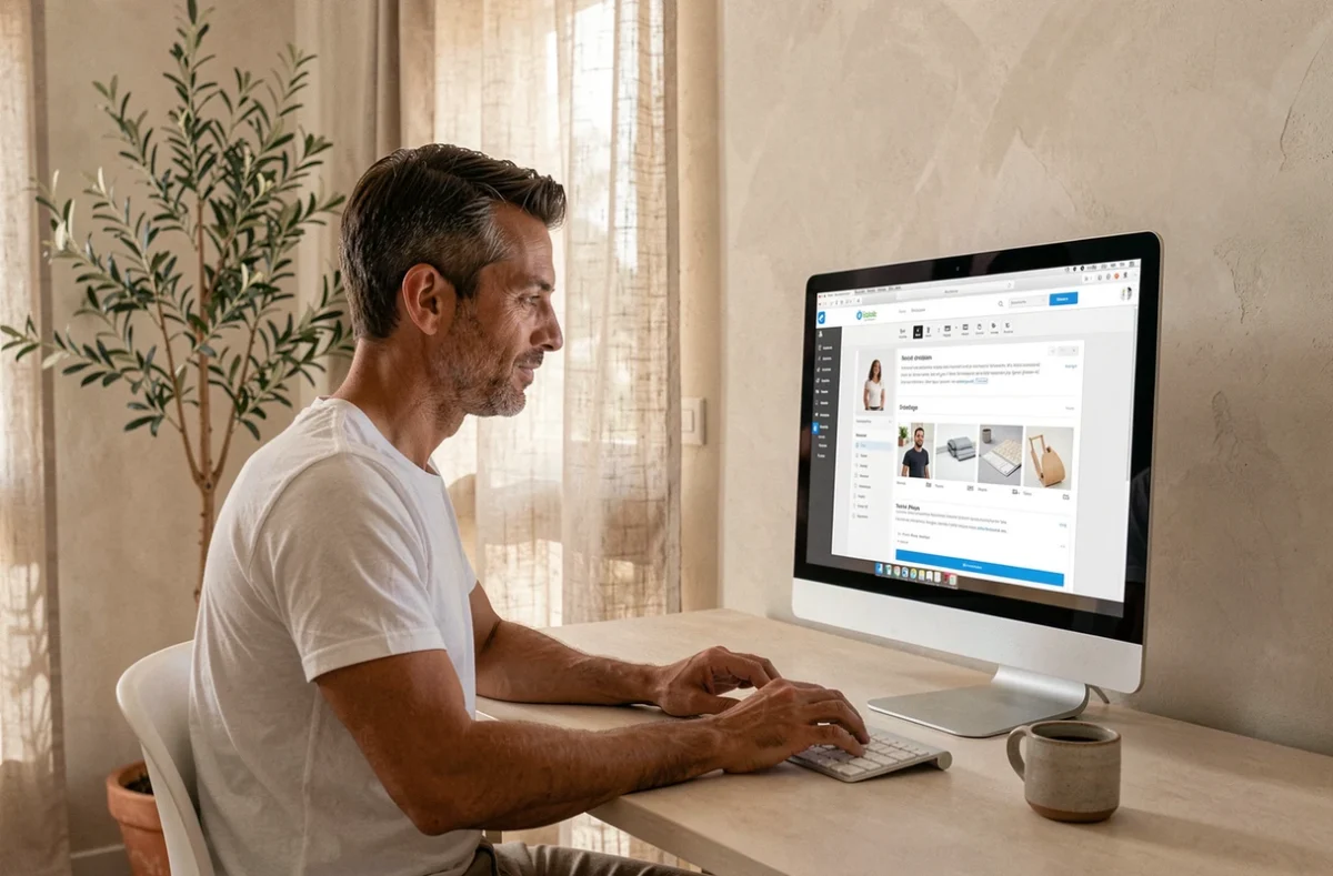 Designer de Solus Digi affinant l'interface d'un site internet dans un studio épuré à l'atmosphère méditerranéenne