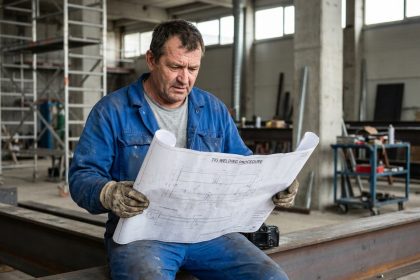 Soudreur homme en bleu sur un chantier actif