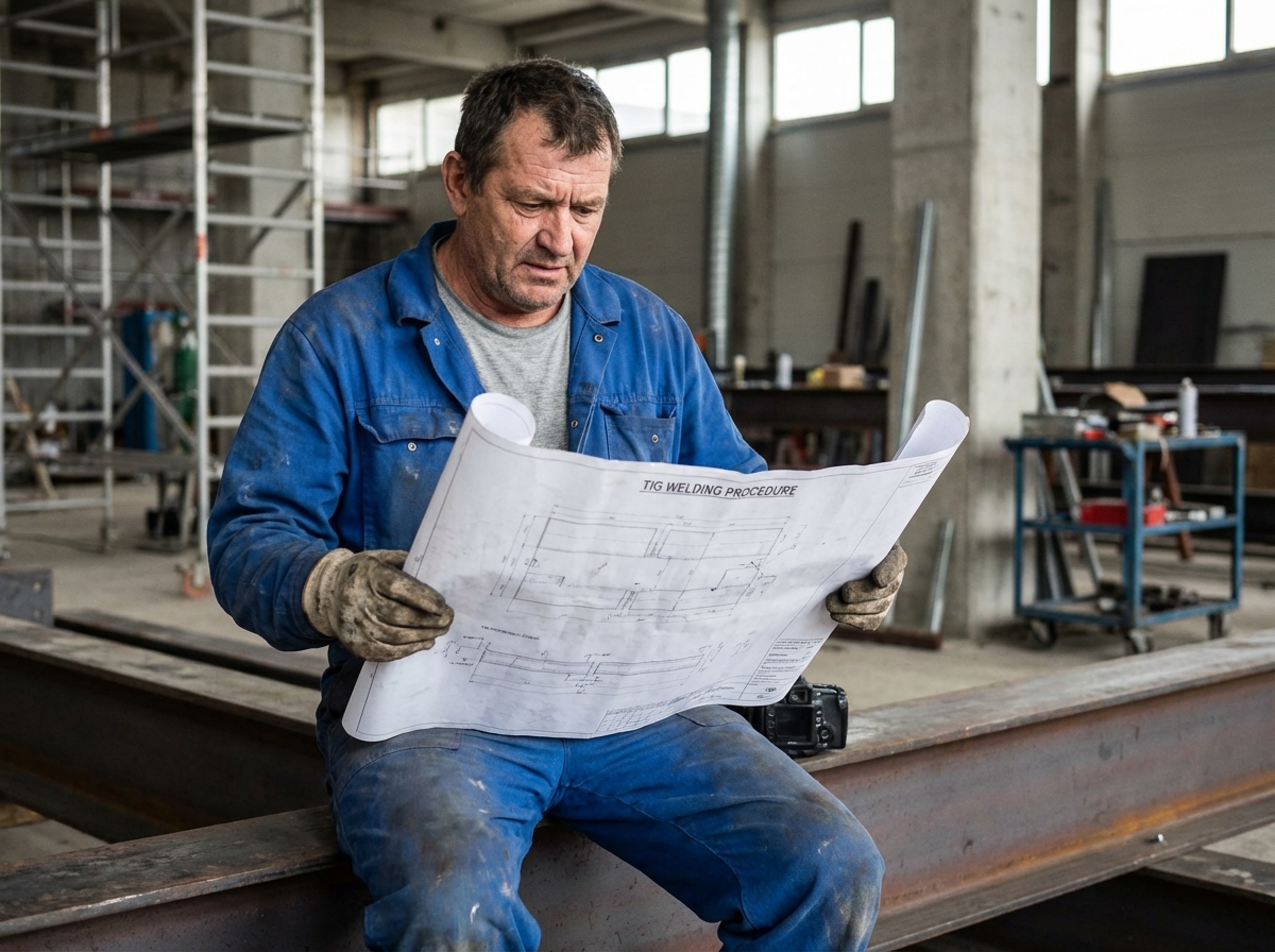 Soudreur homme en bleu sur un chantier actif