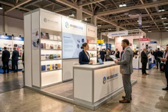 Stand de salon professionnel en location avec deux exposants accueillant un visiteur dans un grand espace d'exposition moderne