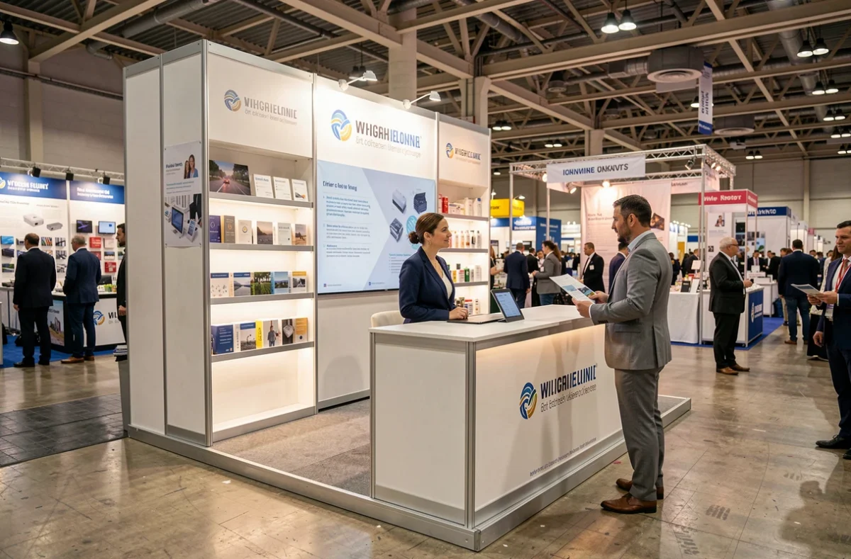 Stand de salon professionnel en location avec deux exposants accueillant un visiteur dans un grand espace d'exposition moderne