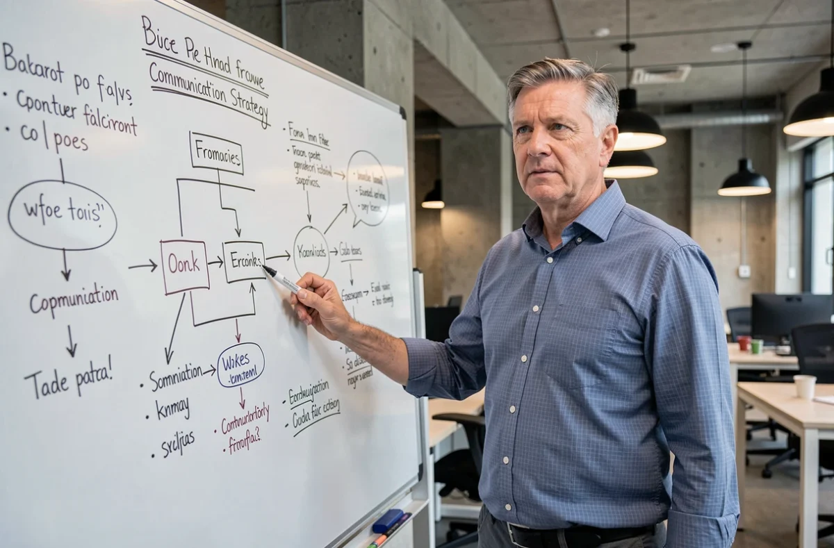 Professionnel présentant une stratégie de communication digitale sur un tableau blanc en agence