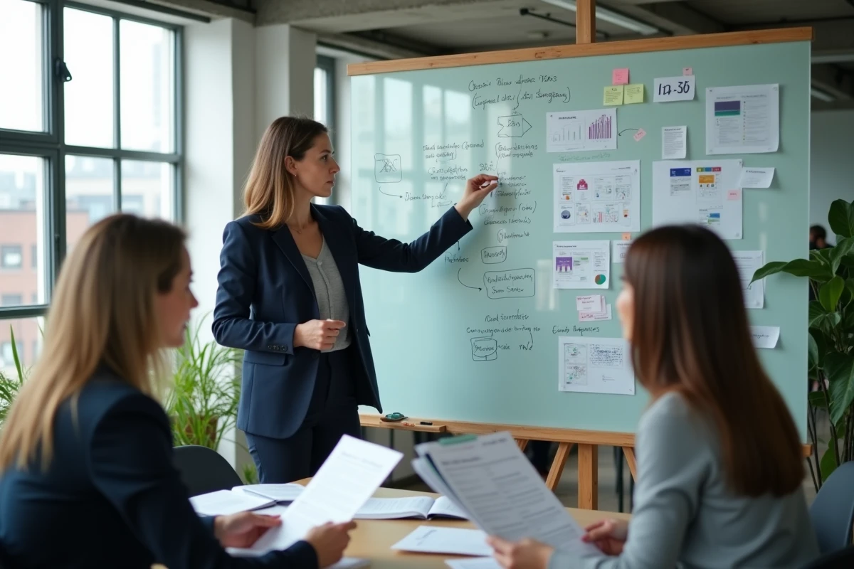 Responsable marketing présentant une stratégie d'impact consommateur sur un tableau en verre dans un bureau moderne