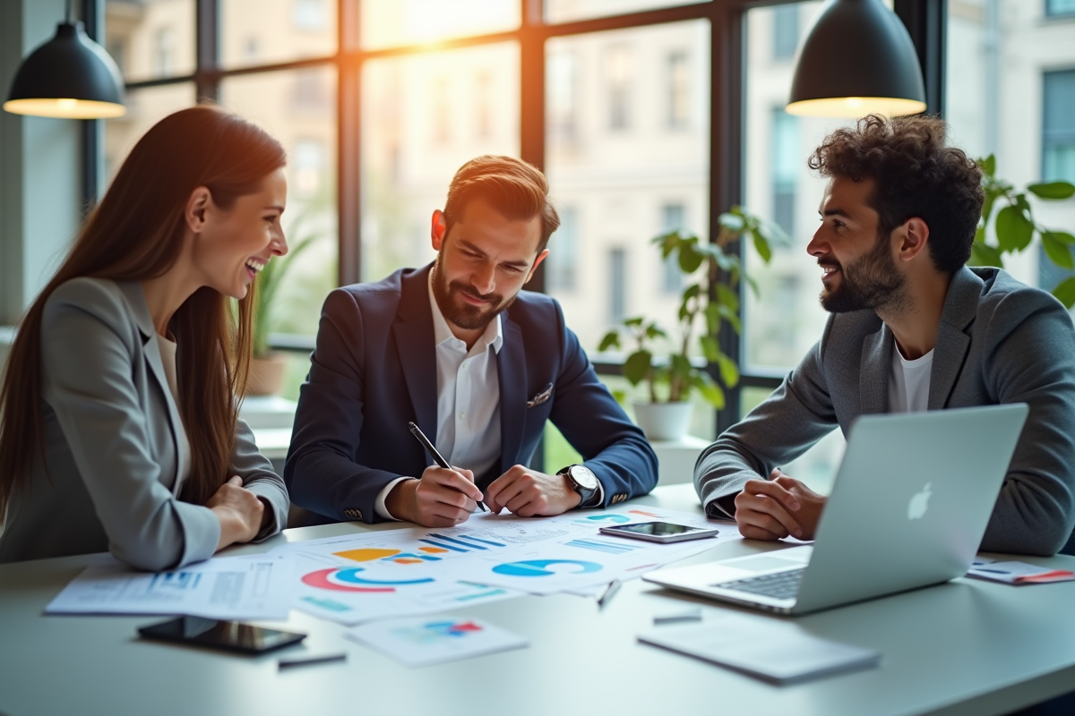 Trois professionnels en réunion stratégie marketing digitale