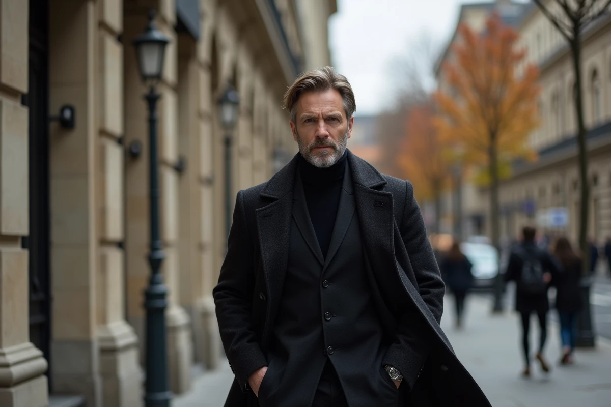 Homme professionnel en manteau sombre marchant dans une rue parisienne aux façades haussmanniennes, illustrant le profil de carrière de Thibault Richelme