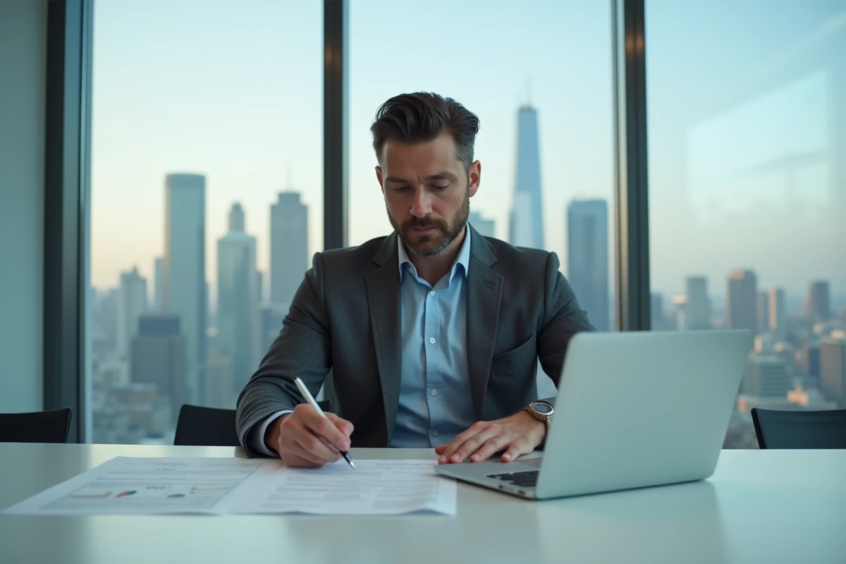 Homme d'affaires en blazer gris travaillant à une table de conférence avec vue sur la ville, évoquant le parcours professionnel de Thibault Richelme