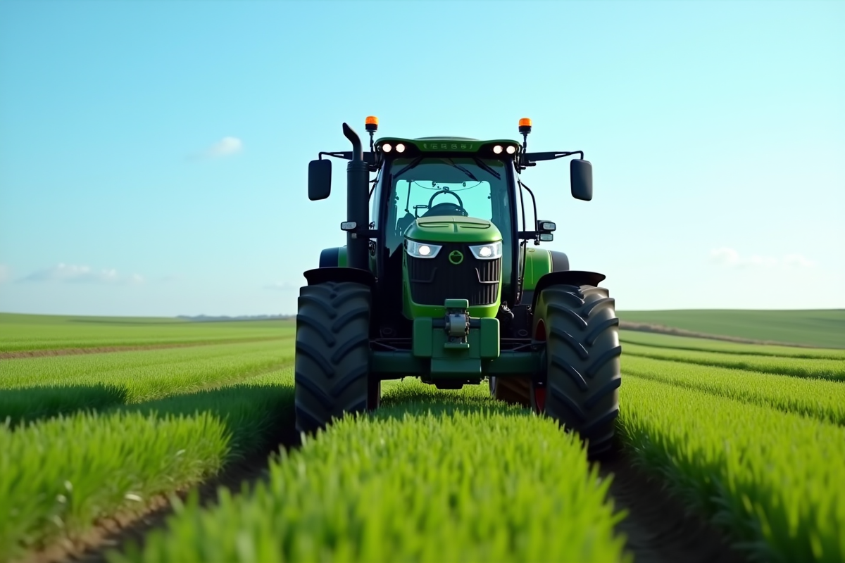 Tracteur moderne avec écrans numériques en action dans un champ