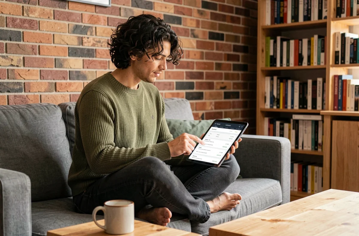 Jeune travailleur indépendant consultant son compte Urssaf sur tablette depuis son salon pour comprendre ses cotisations sociales