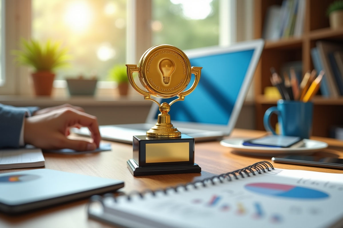 Plaque de prix startup en or et bleu sur bureau en bois