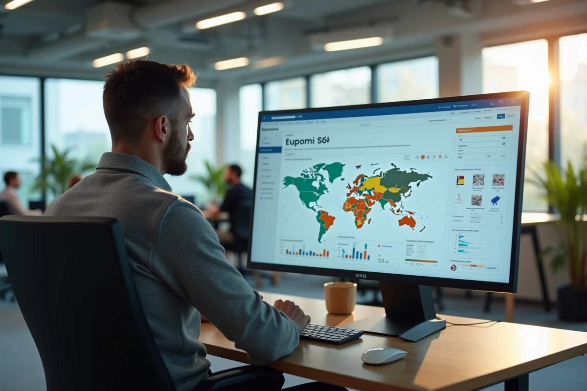 Urbaniste consultant une plateforme d'indicateurs économiques territoriaux sur ordinateur dans un bureau open space public