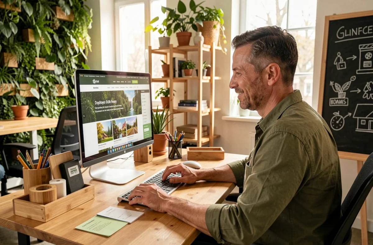 Concepteur web de Webetik dans un espace de travail éco-responsable travaillant sur un projet de site internet durable